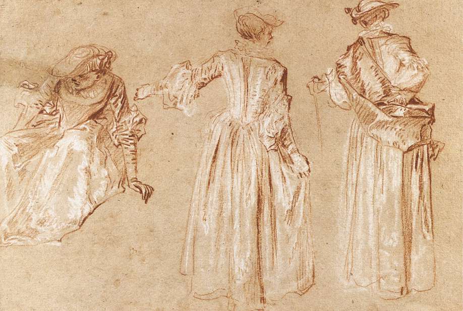 WATTEAU, Antoine Three Studies of a Lady with a Hat
